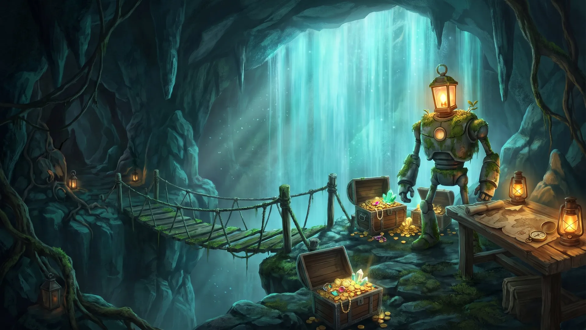 A secret cave behind a waterfall lit by amber lanterns, with maps, a compass and treasure chests, guarded by a robot with a lantern for a head