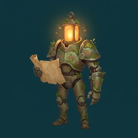 Lantern, the guardian robot with a glowing lantern head and moss on its shoulders